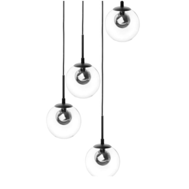 decoration petit meuble arrondi pas cher Suspension 4 globes en verre transparent et métal noir