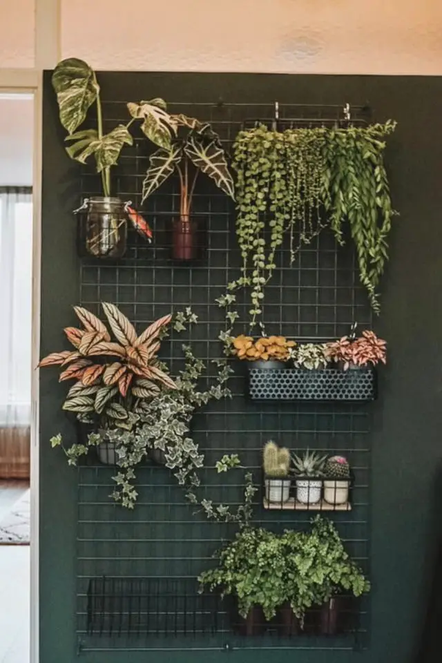 exemple jardin vertical interieur grille sur mur foncé jardinières et pots suspendus