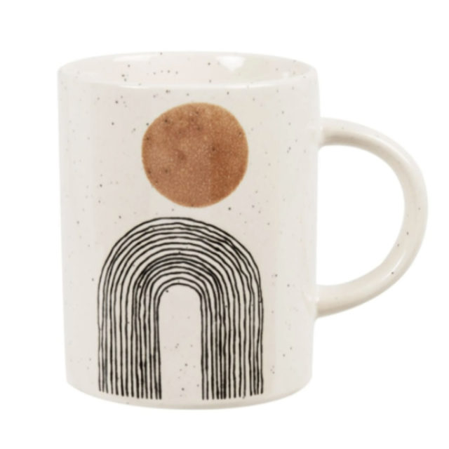 objet deco arrondi pas cher Mug en grès blanc, noir et marron - Lot de 2 motifs modernes arche et rond