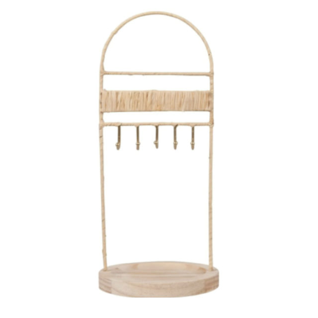 objet deco arrondi pas cher Porte-bijoux en bois de pin, métal et raphia beige haut rond chambre à coucher rangement