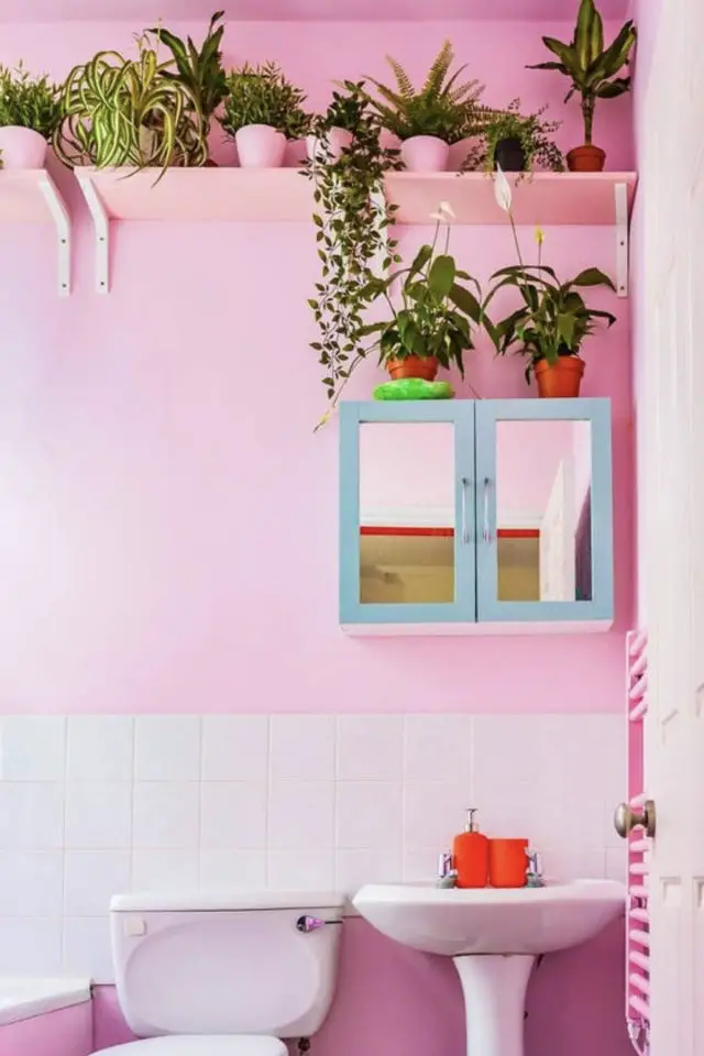 salle de bain maxi couleur exemple murs peinture rose petit meuble bleu plantes vertes
