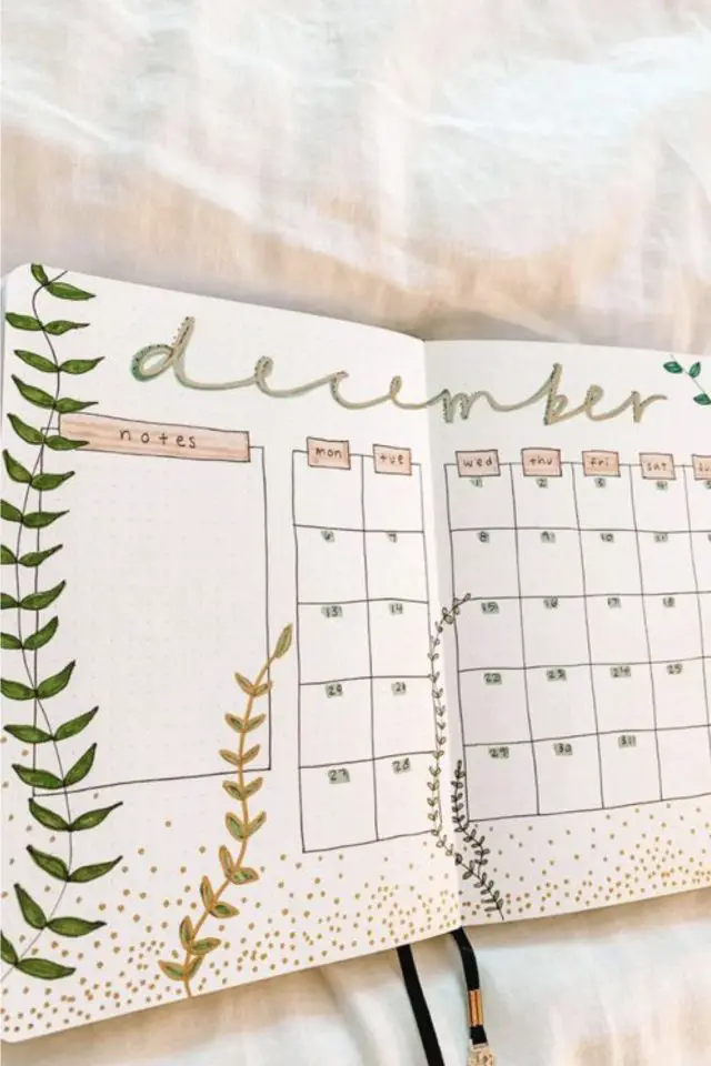 bullet journal nature calendrier mois de décembre pastel et vert