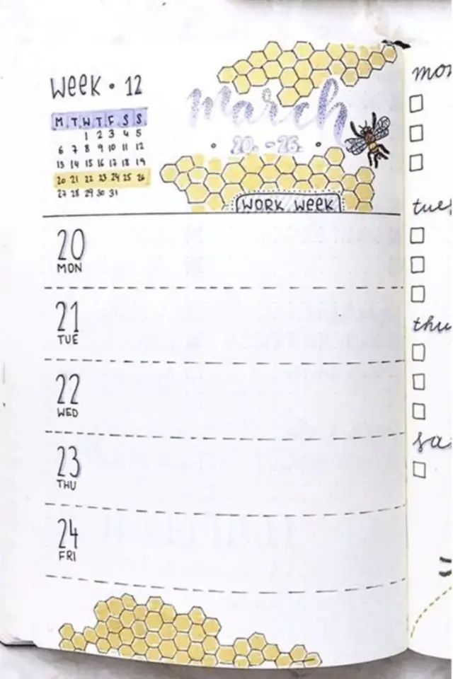 bullet journal nature calendrier semaine sur une page motif abeille jaune