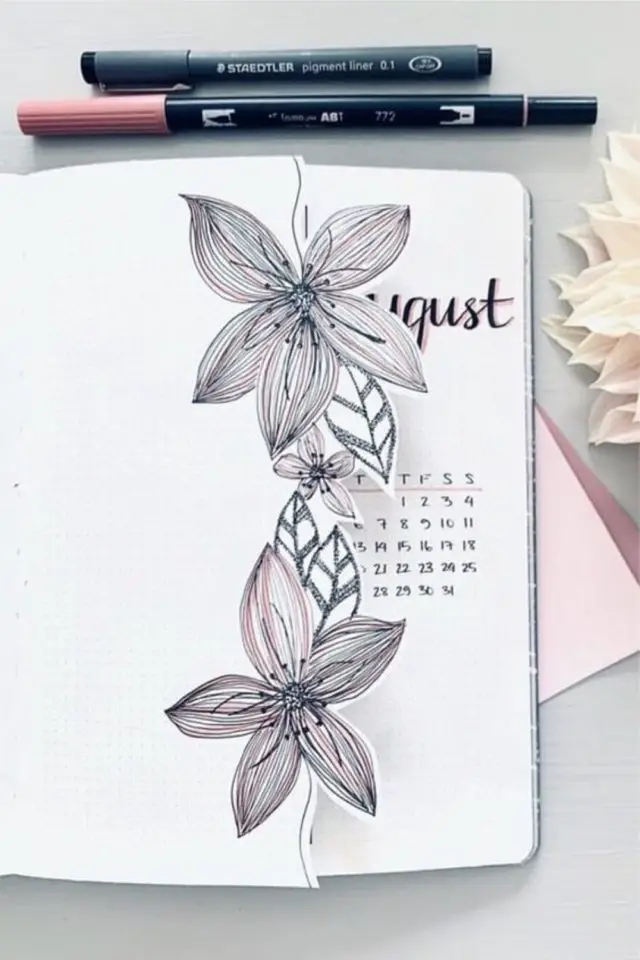 bullet journal theme nature decoupage page de garde fleurs noir et blanc calendrier mensuel