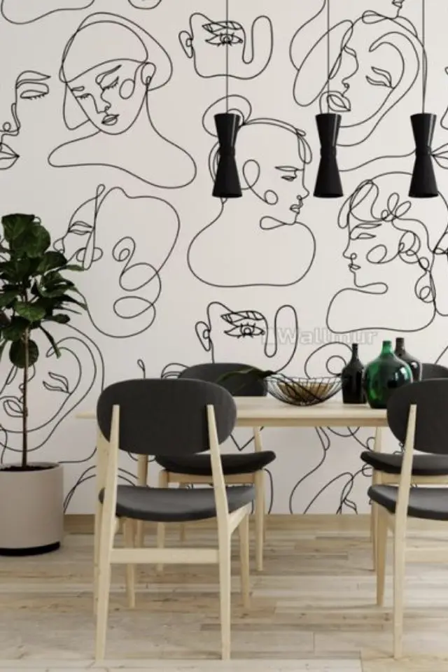 decor mural en noir et blanc exemple line art moderne papier peint salle à manger scandinave