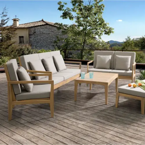 ou trouver salon jardin bois moderne Salon de jardin en bois acacia avec coussins gris canapé banquette méridienne bain de soleil