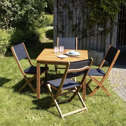 Salon de jardin en bois d'acacia 4 places table carrée chaise bois et tissus extérieur