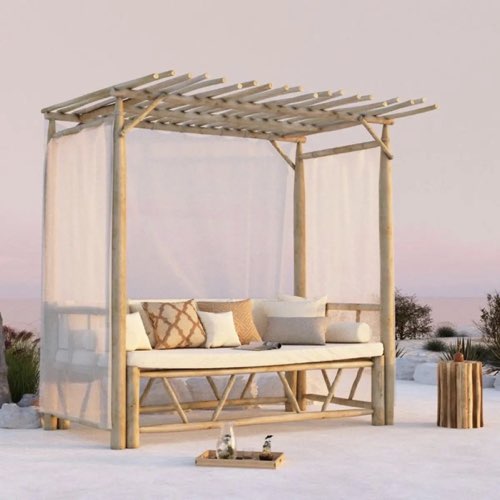 soldes salon de jardin moderne Lit à baldaquin d'extérieur bois clair et blanc ambiance vacances