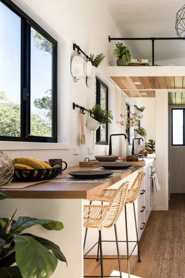 amenagement cuisine tiny house exemple plan repas continuité plan de travail tout en longueur