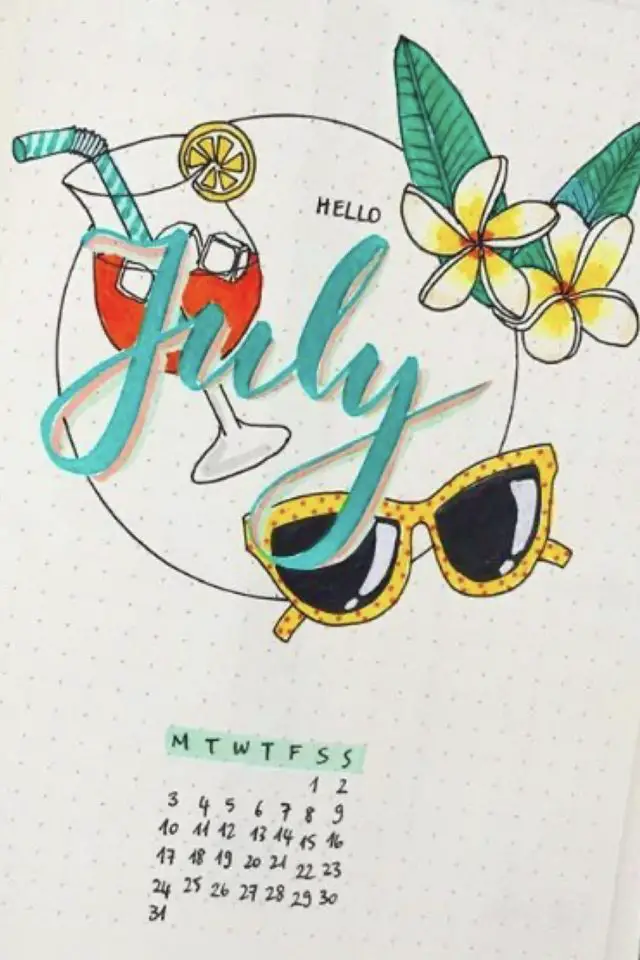 bullet journal vacances illustrations idees page de garde juillet cocktail lunette de soleil fleurs de frangipanier jolie typo