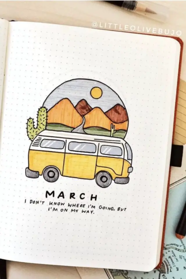 bullet journal vacances illustrations idees vanlife van paysage couleur 