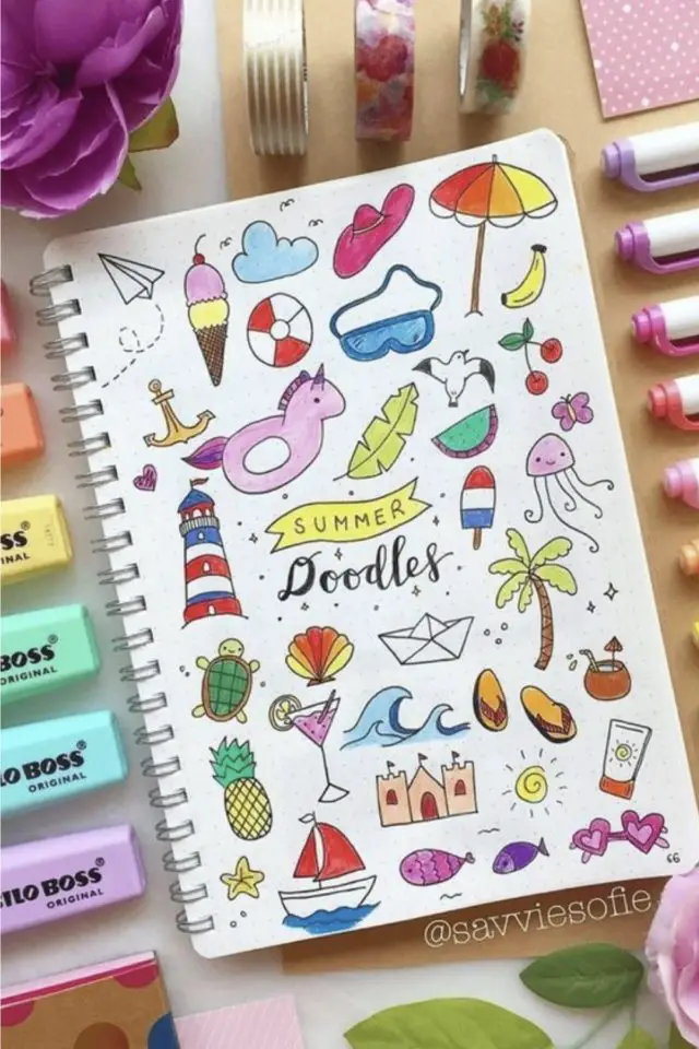 bullet journal vacances illustrations idees petit dessin à copier plage piscine palmier cocktail fruits animaux doodle