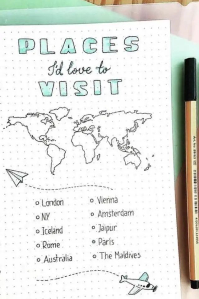 bullet journal vacances listes exemple lieux à visiter voyage carte à colorier