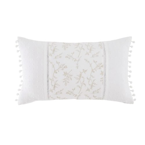 housse de coussin deco pas cher Coussin en coton blanc imprimé et pompons 30x50