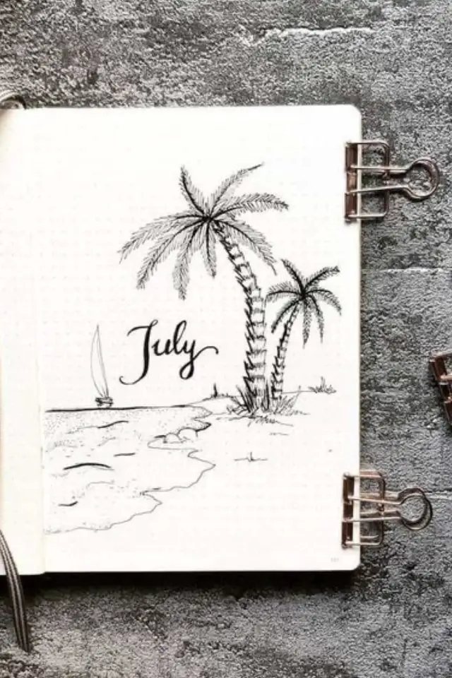 idee deco bullet journal vacances plage cocotier dessin en noir et blanc