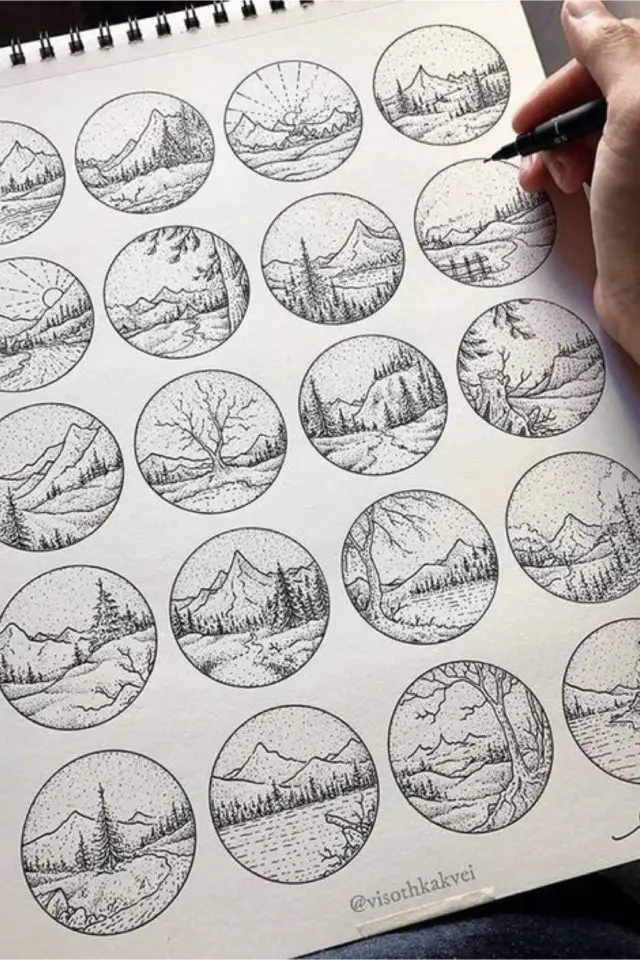 idee deco bullet journal vacances illustration sketch montagne en noir et blanc