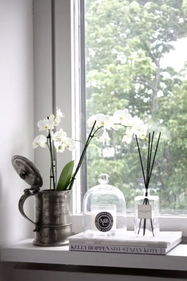 rebord de fenetre exemple decoration cloche en verre transparence diffuseur de parfum orchidée