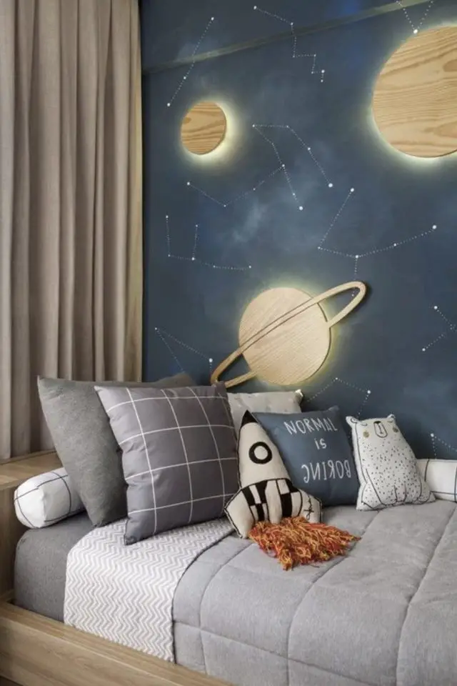 chambre enfant decoration theme espace système solaire dessiné sur le mur planètes 