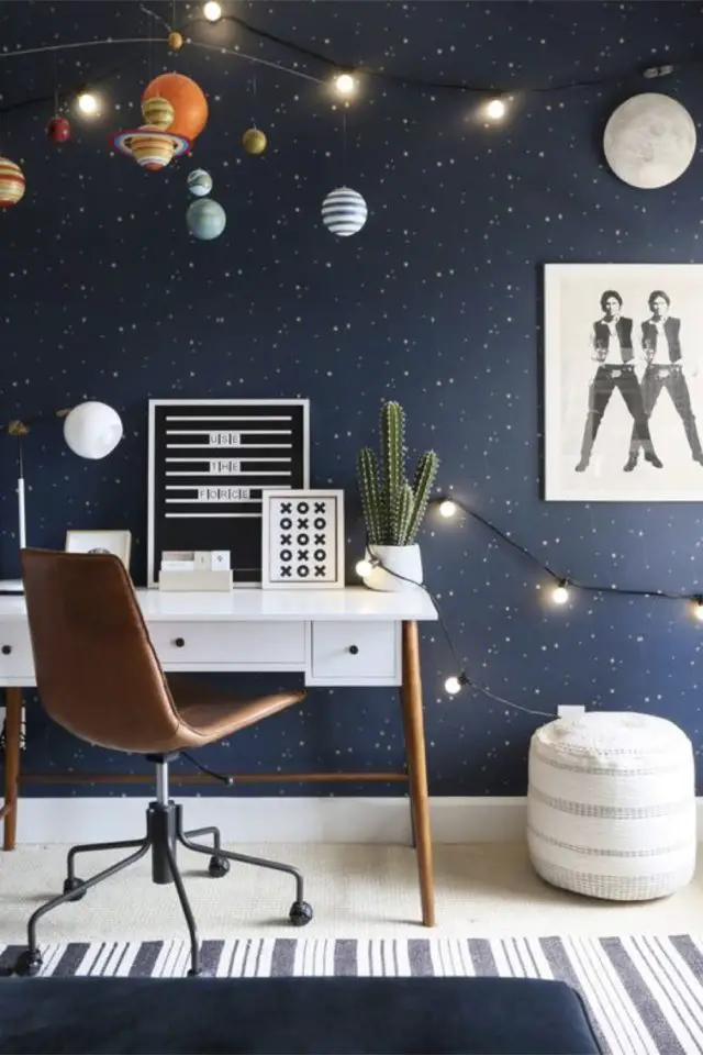 chambre enfant decoration theme espace bureau mur bleu étoile mobile système solaire 
