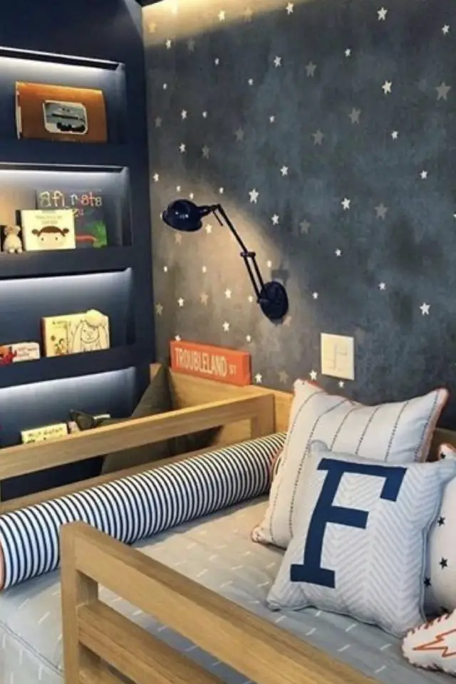 chambre enfant decoration theme espace peinture belu nuit étagère lit étoile