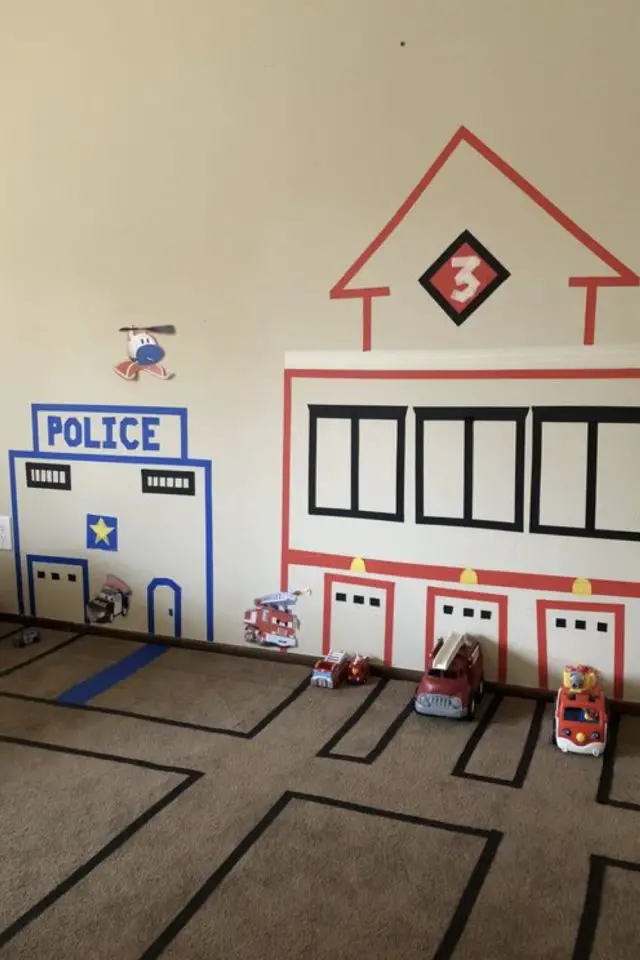 decor mural chambre enfant pas cher caserne de pompier petit garçon