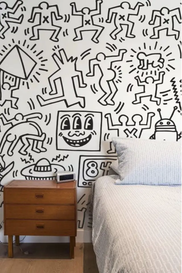 decor mural noir et blanc dessin art keith haring chambre adulte inspiration