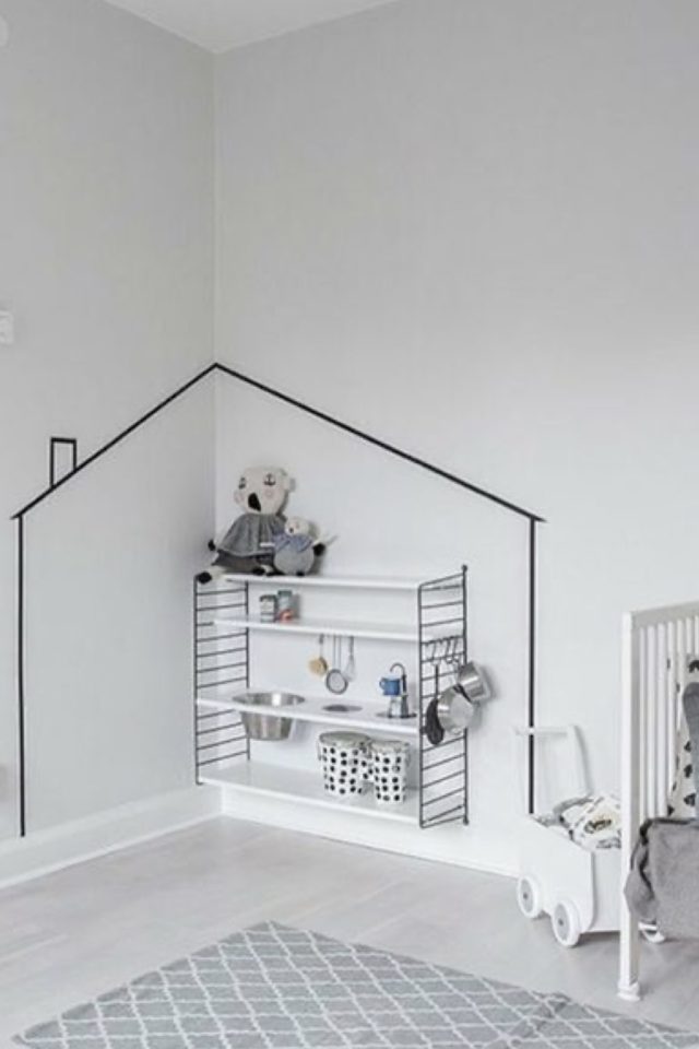 decoration enfant masking tape exemple noir et blanc minimalisme simple maisonnette angle de pièce