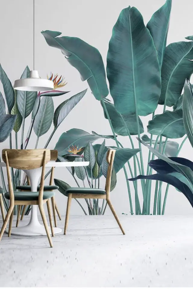 exemple papier peint cuisine moderne mur accent espace repas motif tropical jungle feuille bananier panoramique XXL