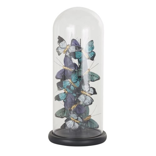 objet decoration salon moderne Cloche en verre et papillons bleus H40
