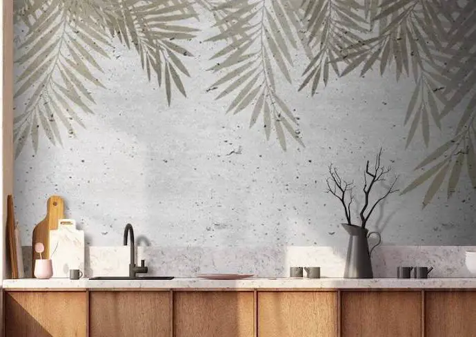 papier peint cuisine moderne exemple meuble ne bois plan de travail blanc ambiance calme zen nature