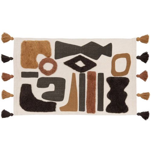 salon objet deco moderne Tapis en coton écru motifs ethniques marron, jaune moutarde et noirs, 60x90