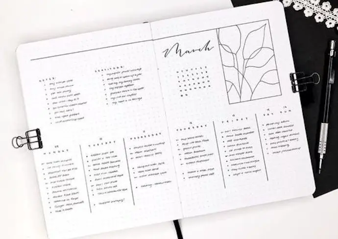 creer bullet journal minimal exemple noir et blanc calendrier page de garde dessin illustration mood trackers