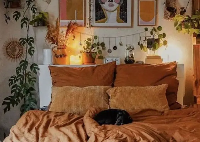 deco automne chambre linge de lit couleur naturelle chaude adulte parent