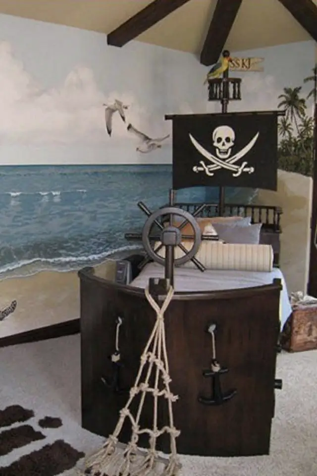 deco chambre garcon theme pirate lit bateau drapeau décor mural plage