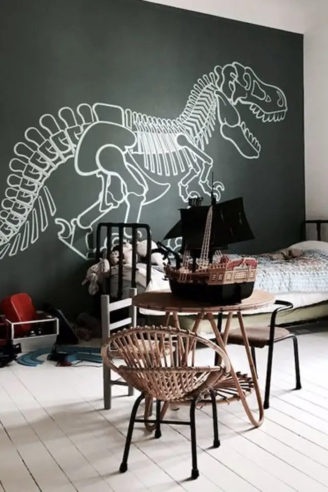 deco chambre petit garcon theme dinosaure papier peint squelette en noir et blanc décor mural
