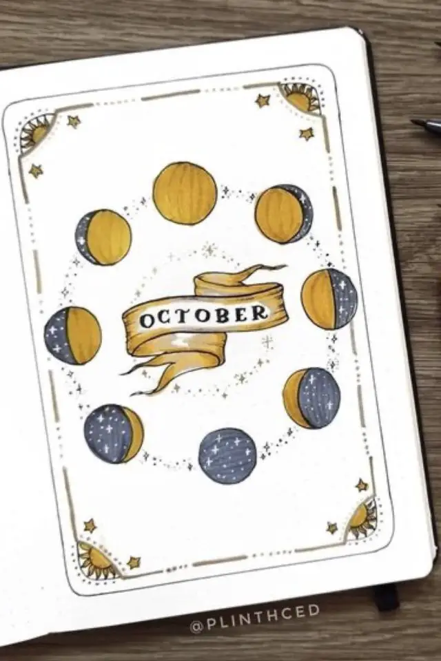 exemple deco bullet journal octobre cycle lunaire page de garde couleur jaune et bleu