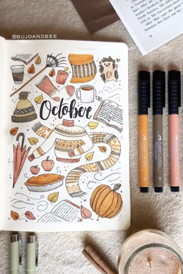 exemple deco bullet journal octobre dessin page de garde doodle automne couleur orangé