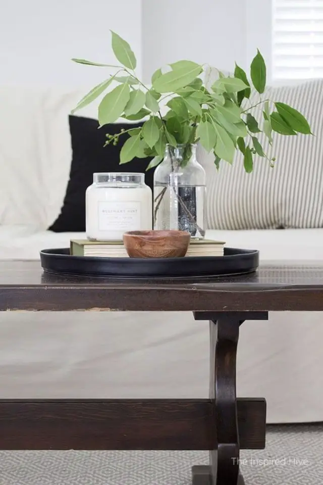 exemple decor table basse moderne facile simple plateau noir vase en verre transparent bougie blanche coupelle terre cuite