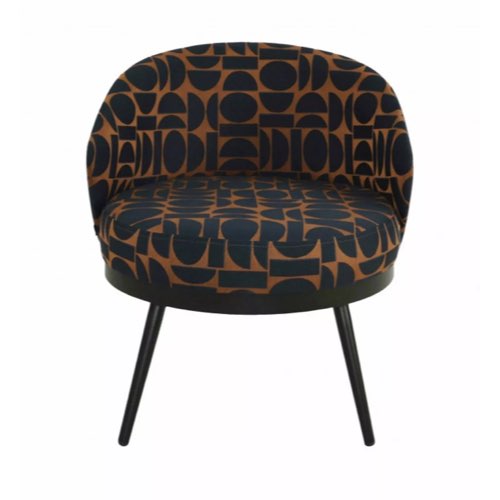 ou acheter meuble deco eclectique salon Fauteuil noir et à motif en tissu orange et noir seventies