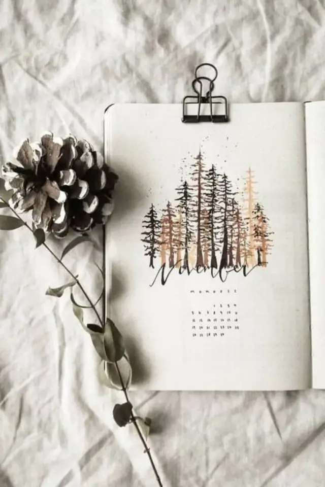 bullet journal page de garde novembre dessin illustration forêt facile calendrier