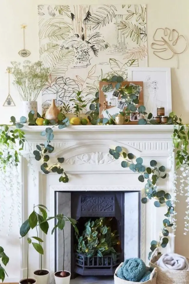 decor cheminee classique chic exemple élégant moderne végétal plantes fraicheur illustration encadrée