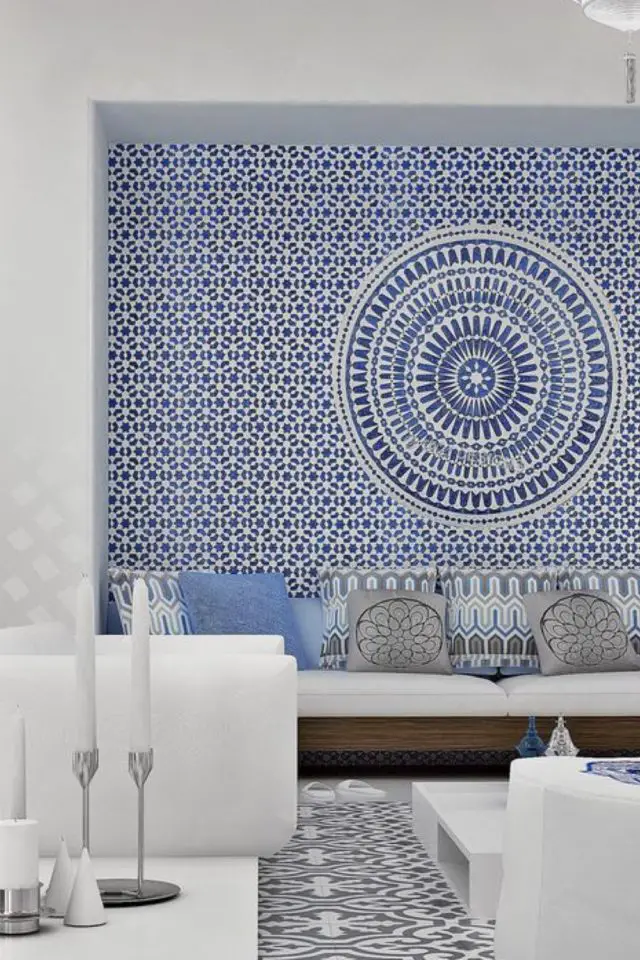 decoration voyage grece exemple décor mural blanc et bleu mosaïque