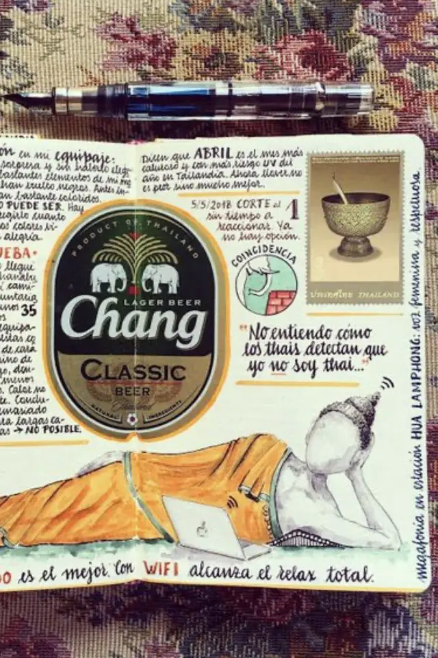 journal voyage asie exemple Thaïlande Chang Bière étiquette collage dessin croquis bouddha allongé