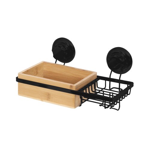 ou trouver petit rangement deco salle de bain Porte-savon à ventouse noir et bois naturel