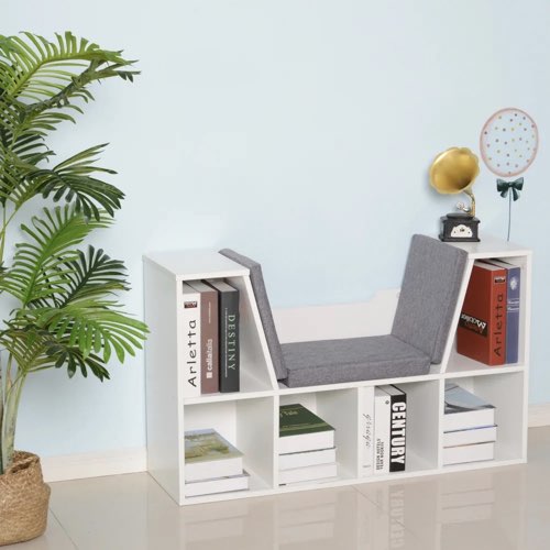 ou trouver petite bibliotheque deco Bibliothèque banc 2 en 1 - 6 casiers blanc coussins inclus