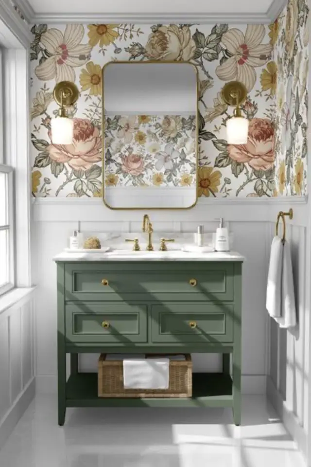 quel luminaire choisir toilettes applique murale en laiton globe papier peint floral grand miroir