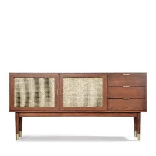 touche artistique deco interieur idees Buffet design 2 portes 3 tiroirs bois et cannage vintage années 50