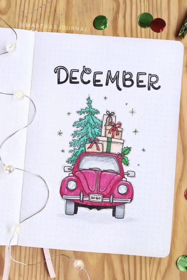 bullet journal noel exemple page de garde voiture sapin cadeau inspiration loisirs créatifs