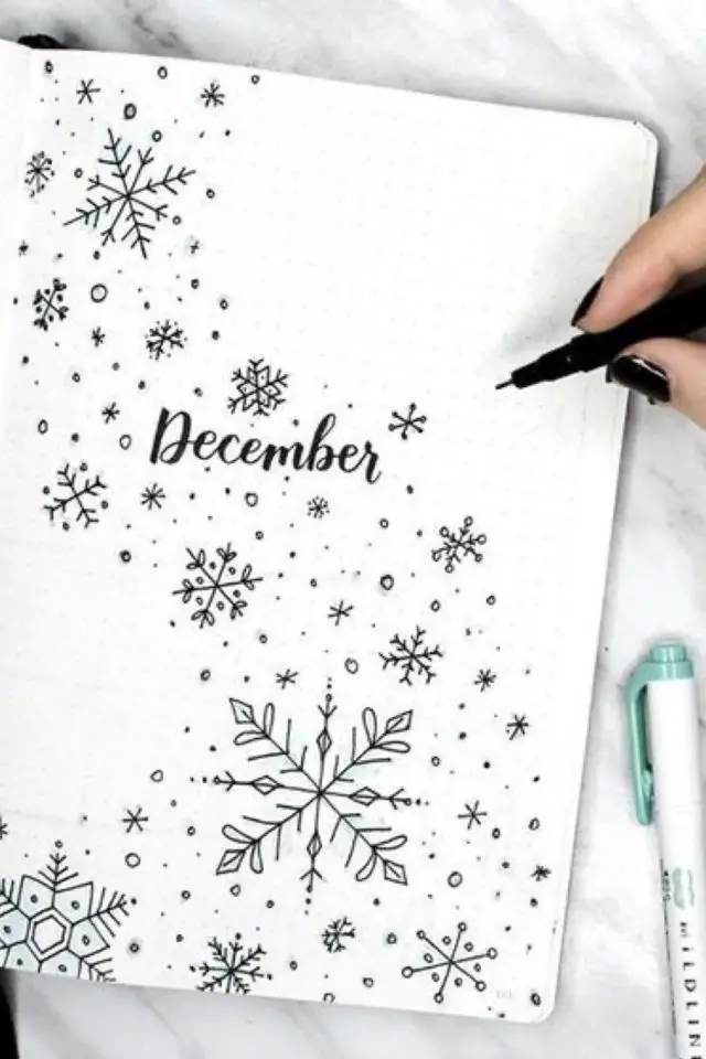 bullet journal theme noel exemple noir et blanc minimaliste flocon de neige page de garde