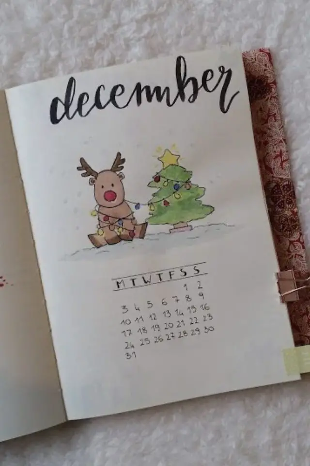 bullet journal theme noel exemple calendrier cerf sapin rigolo décembre